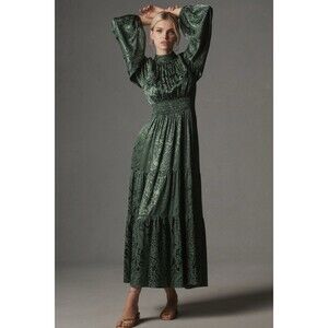 Anthropologie Maxi Dress Women Green Somerset Mock Neck Preppy Boho Size XSP NWT